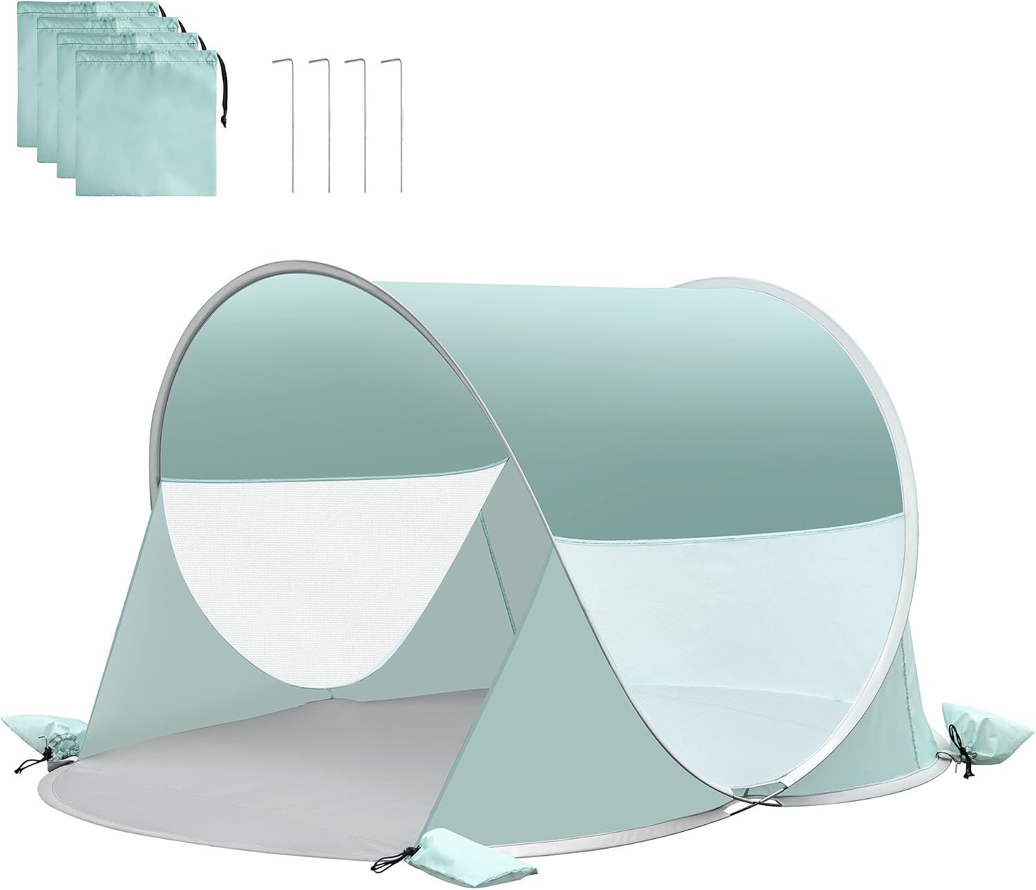 Self Pitching Beach Tent with Fiberglass Poles and Sandbags