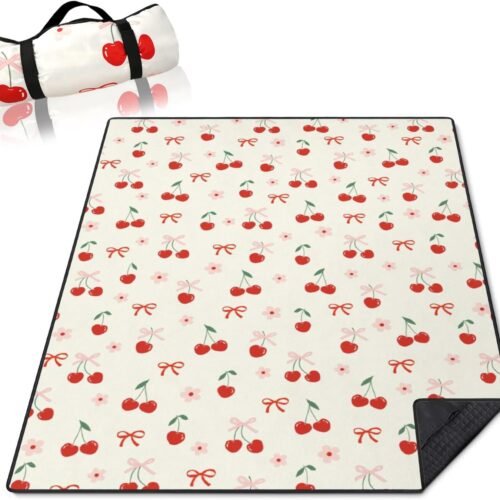 Cherry Print Beach Blanket with Waterproof Oxford Backing