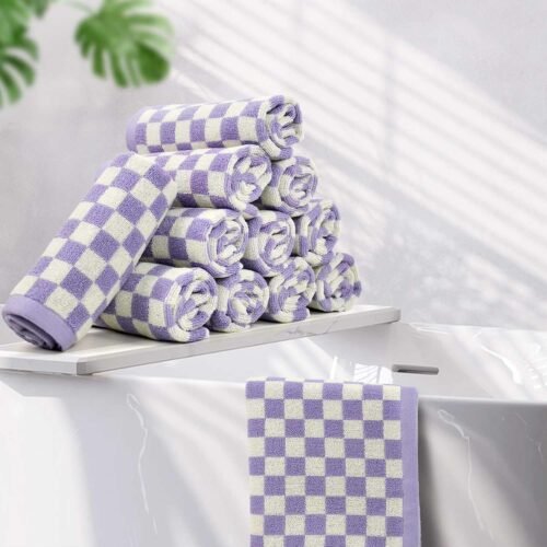 Purple Checkered Cotton Beach Face Towels for Beach House