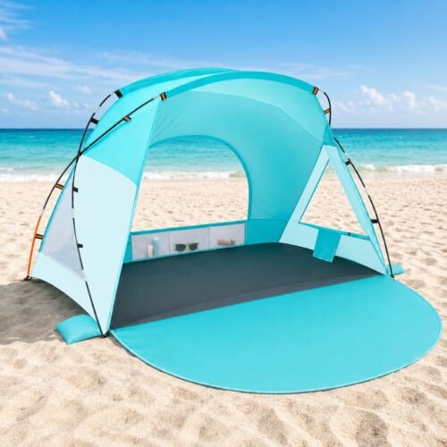 Silver Coated Beach Tent with Cross Structure and Mesh Panels