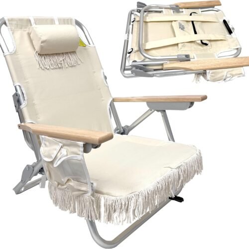 5-Position Adjustable Backpack Chair With Tassel Trim And Cup Holder
